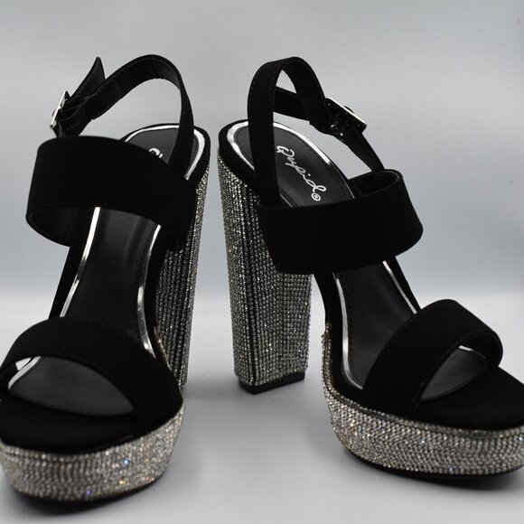 Qupid Black and Rhinestone Platform Heels - Picture 1 of 7